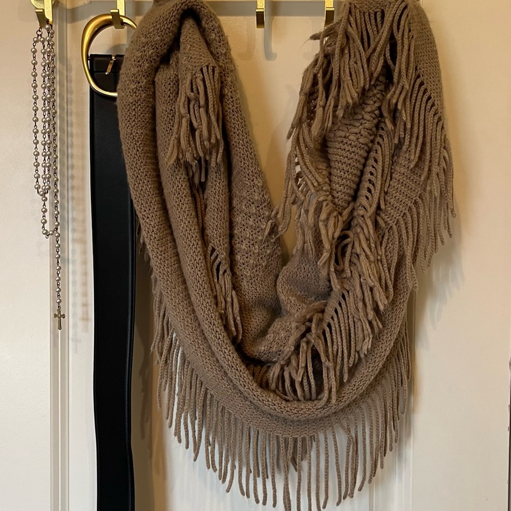Taupe fringe infinity scarf